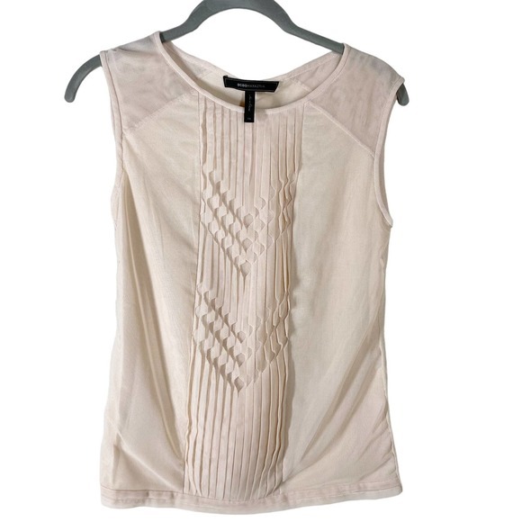 BCBGMaxAzria Women's Sleeveless Dafina Blouse Size XS Laser Cut Mesh Tan Beige - Picture 2 of 5